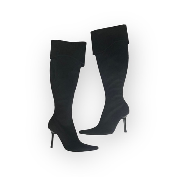 Bebe 𖤐 Over the Knee Stiletto Heeled Pointy Toe Boots 𖤐 Black Vegan Suede 𖤐 - Picture 13 of 16